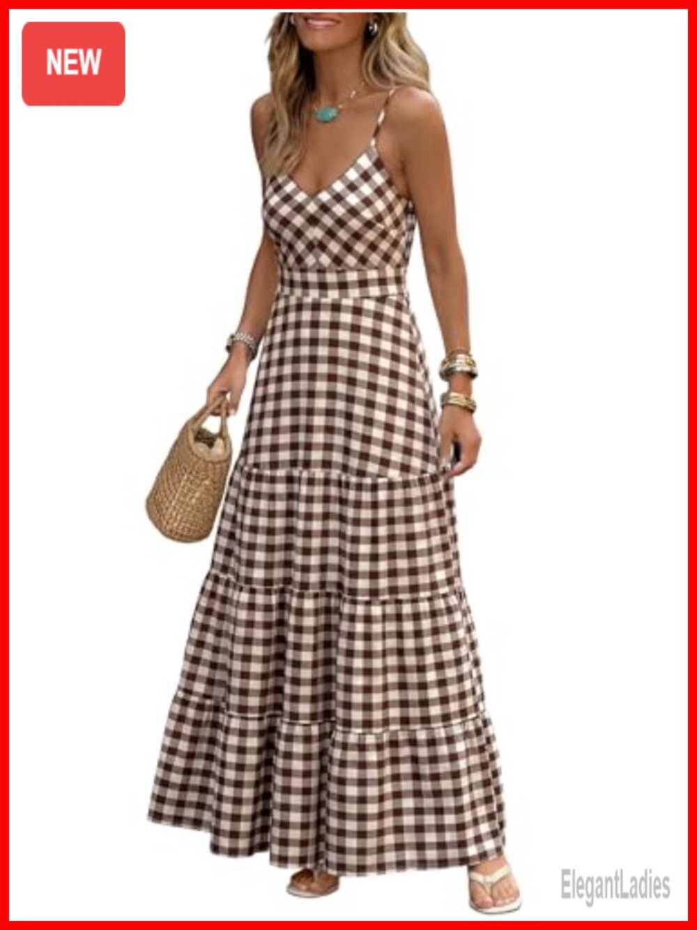Women's Gingham Plaid Maxi Dress Spaghetti Strap Smocked Backless V-Neck Flowy